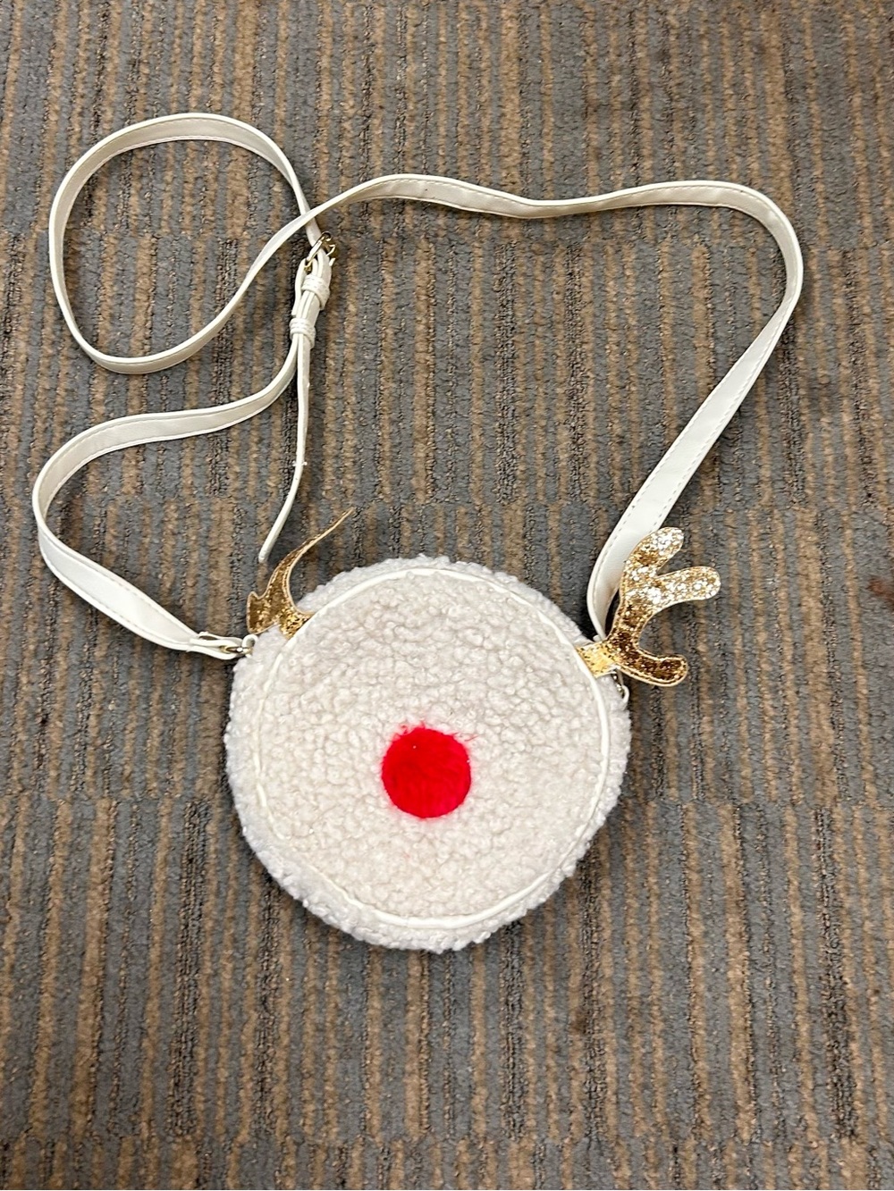 Mad Love Reindeer Round Crossbody Bag with Gold Antlers - White & Red